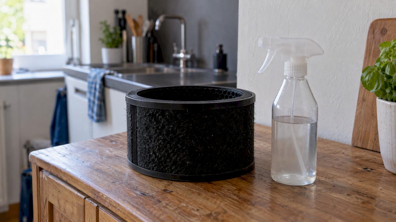 Aktivkohlefilter neben einer neutralen Duftsprühflasche