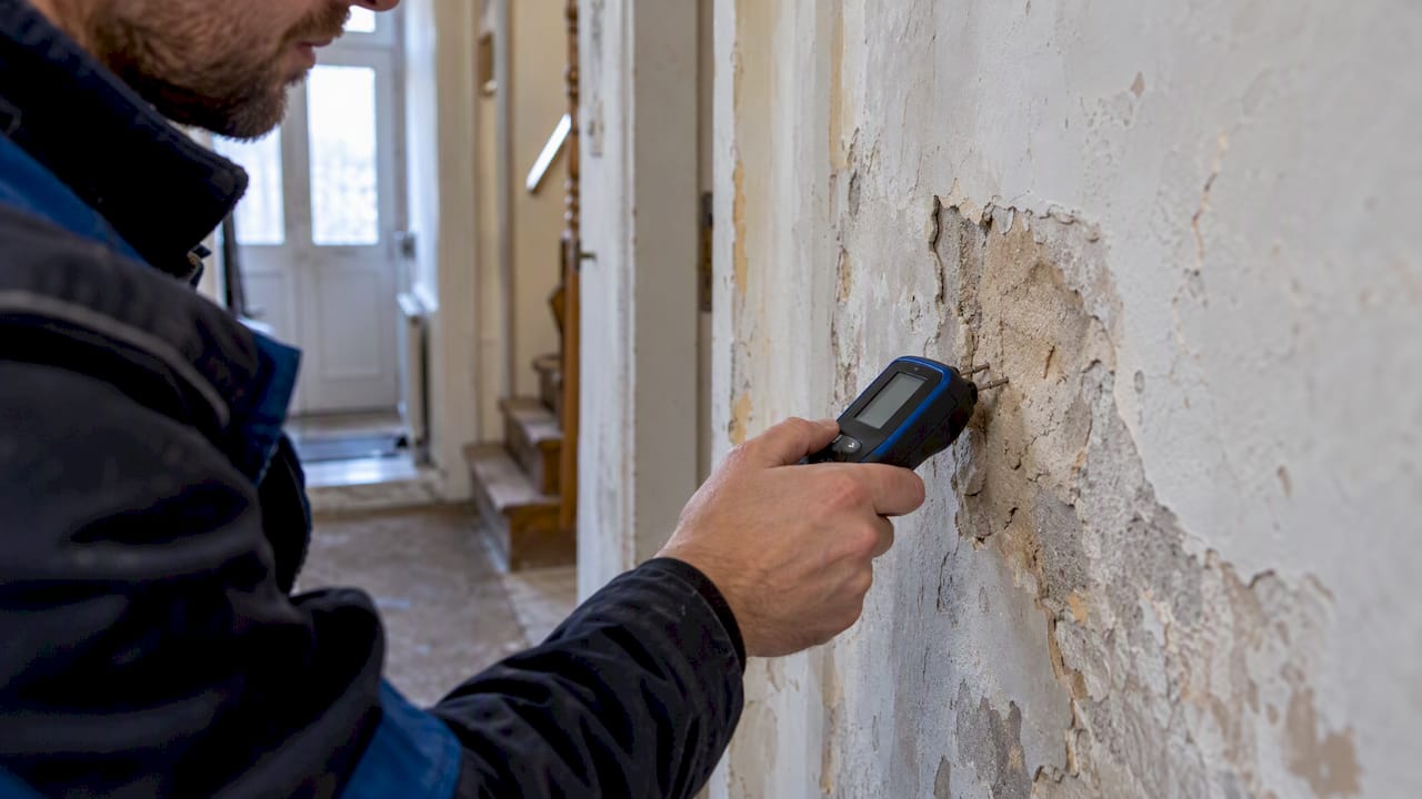 Feuchtigkeitsmessgerät an einer bröckelnden Wand