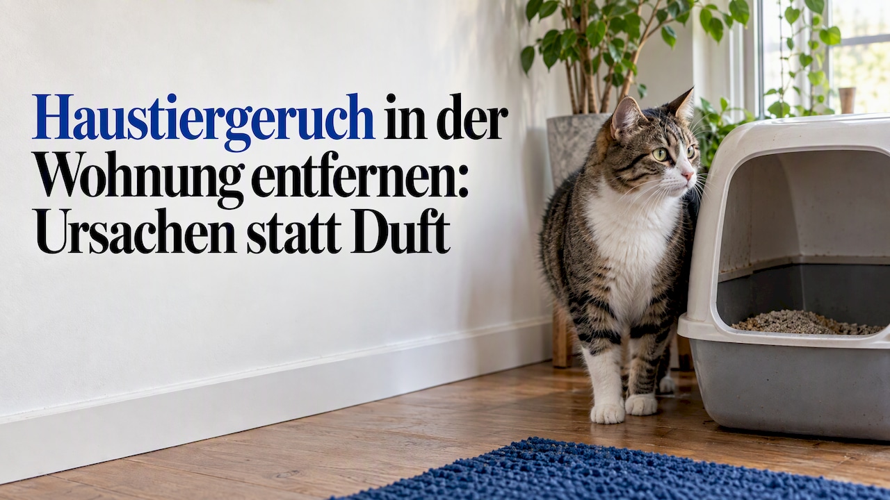 In der Wohnungsecke befindet sich eine Katze neben der Katzentoilette